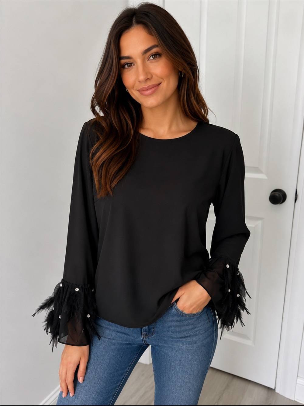 Beulah Style Black Feather Rhinestone Sleeve Top